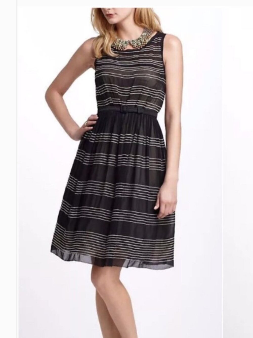 Anthropologie Hitherto black silk stripe‎ tulle cocktail dress 2